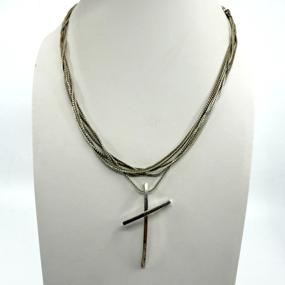 Silver Tone Multi-Strand Cross Pendant Necklace Layered Statement Jewelry Gift